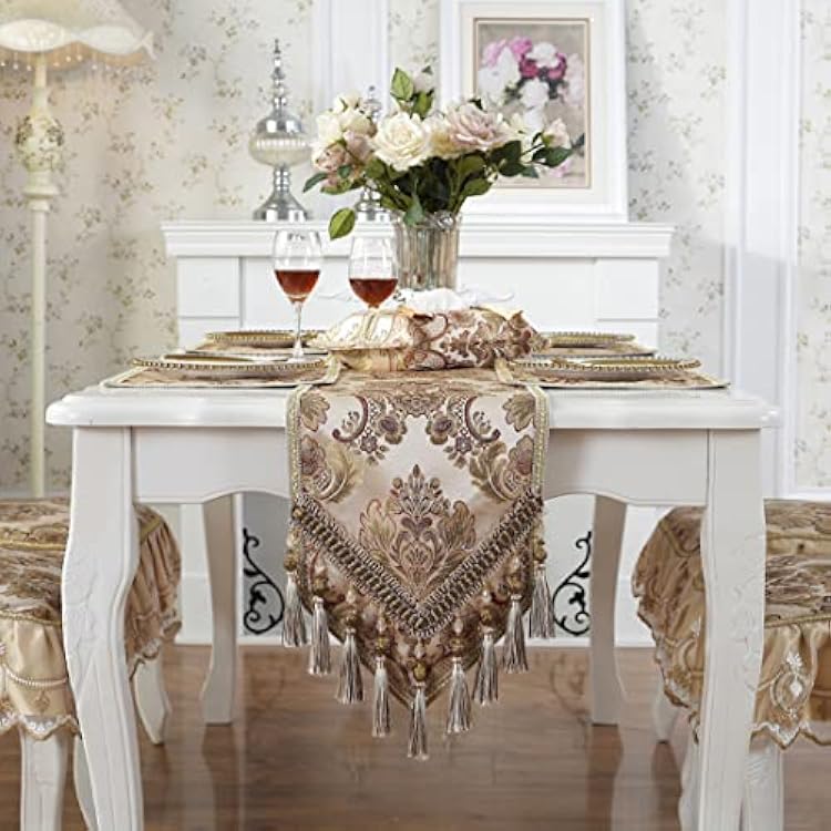 French Country Luxury Floral Pattern Table Runner with Beads Tassels Kitchen Decor Silk Blend Tea Table Table Runners Beige,13 W x 116 L