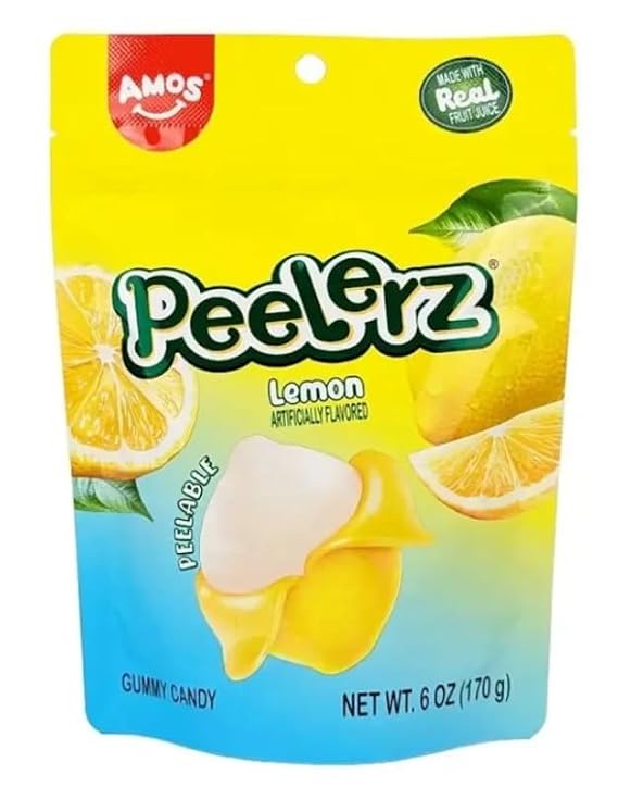 AMOS Peelerz Lemon Gummy Candy, Peelable Fruit-Shaped Candy | 6oz Resealable Pouch | Made with Real Fruit Juice, Fun & Chewy Holiday Snack