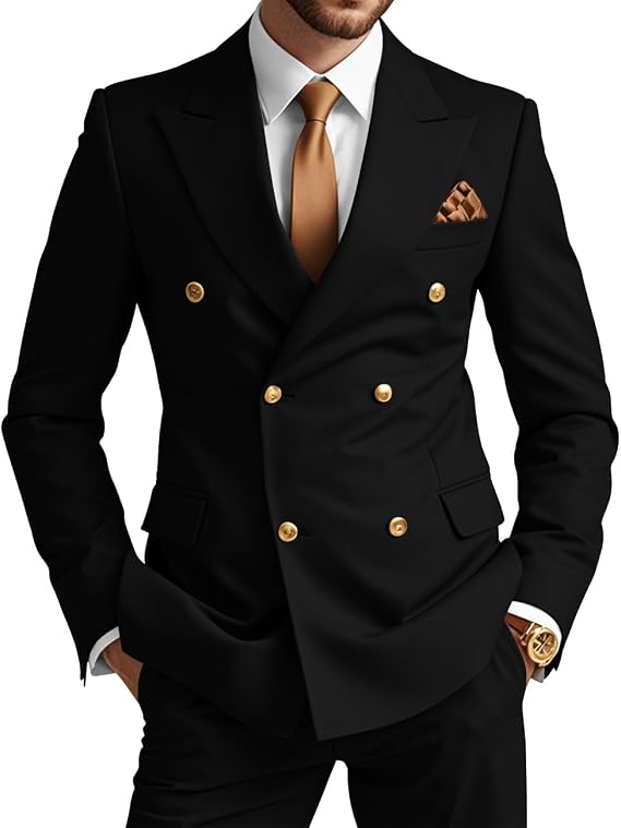 Wangyue Mens Double Breasted Suit 2 Piece Slim Fit Suits for Men Wedding