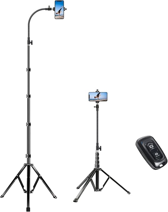 elitehood 81" Tall Tripod Stand for iPhone with 17in Adjustable Gooseneck | Phone Tripod with Remote for Video Recording, Heavy Duty Aluminum Tripod for iPhone 17 Pro Max / 17 Pro, Android Phone