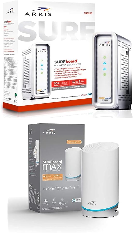 ARRIS Surfboard, SB8200 DOCSIS 3.1 Modem (1 Gbps Max Internet Speeds) & W21 AX6600 WiFi 6 Mesh Ready Router Bundle (WiFi Coverage up to 2,750 sq ft), Mesh with Your Cable Internet