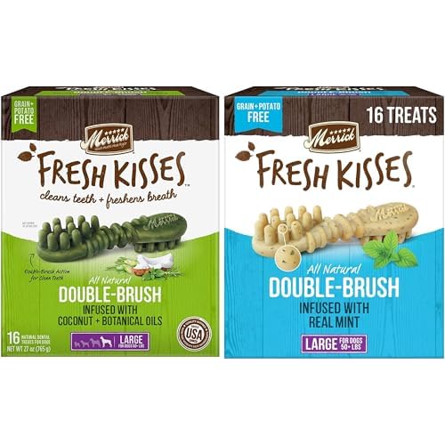 2 Pack Merrick Fresh Kisses Double-Brush Dental Dog Treats, Infused with Coconut & Botanical Oils and Mint Breath Strips, Cleans & Freshens Breath for Large Dogs, 16 Dental Dog TreatsPack Large