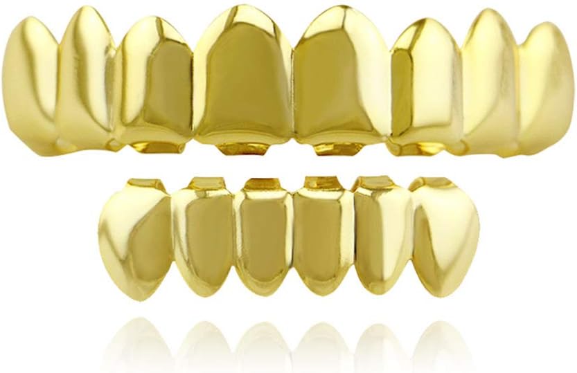 8 Teeth Grillz 18k Gold Top and Bottom Grills Set Shiny Hip Hop Teeth Grillz