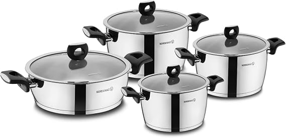 korkmaz Nora Cookware Set with Tempered Glass Lids and Bakelite Handles, 8-Piece Kitchen Polished Chef's Classic Modern Stainless Steel Pots Collection, Induction Compatible, Dishwasher Safe, Silver