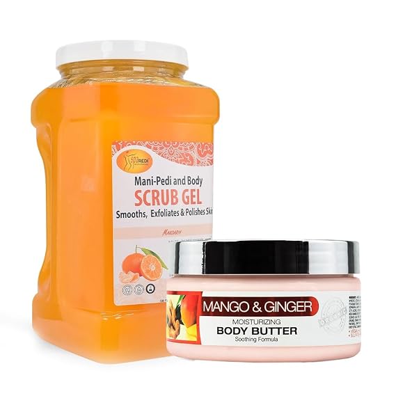 Spa Redi Pedi Scrub Gel Mandarin 128 Oz + ORIGEM Body Butter 8 Oz Exfoliating & Hydrating Skin Care Bundle Smooths, Softens & Nourishes Dry Skin with Hyaluronic Acid & Botanical Oils
