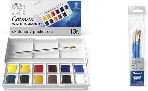 Winsor & Newton Cotman Water Colour Paint Sketchers' Pocket Box, Half Pans, 13 count (12 colors and a brush) and Cotman Short Handle Brush (4 Pack) (Round 1, 4, 6, One Stroke 3/8")