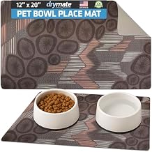 Drymate Pet Bowl Placemat, Dog & Cat Food Feeding Mat - Absorbent Fabric, Waterproof Backing, Slip-Resistant - Machine Washable/Durable (USA Made) (12 x 20) (Abstract Lines Grey)