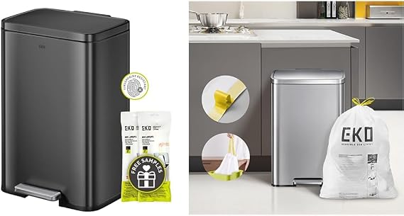 EKO Madison Matte Black 50 Liter/13.2 Gallon Step Trash Can with Inner Liner - Fingerprint Resistant Finish & Easy-Dispense Roll of 60 Count Extra-Strong Drawstring Kitchen Trash Bags