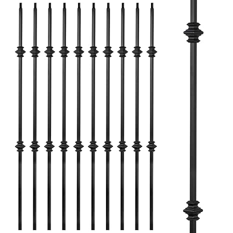Wrought Iron Balusters Set of 10 Hollow Double Knuckle Balusters - Decorative Metal Balusters for Decks Spiral Stair Railing - 1/2 -inch Iron Spindles Satin Black Metal Railing
