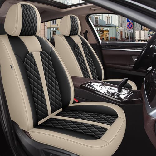 Car Seat Covers Full Set Fit for VW Volkswagen Tiguan 2009-2025 2026: 5 Seat Auto Interior Accessories, Waterproof Faux Leather Vehical Car Seat Cushions CoverBeige&Black