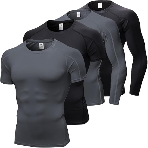 4 Pack Men's Compression Shirts Men Long/Short Sleeve Athletic Workout Tops Gym Undershirts Active Sports Baselayers