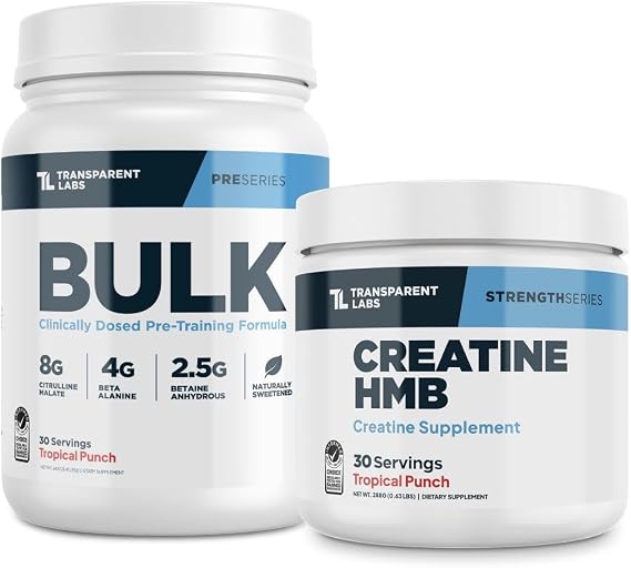 Transparent Labs Bulk Pre-Workout Powder (30 Servings, Tropical Punch) & Creatine HMB (30 Servings, Tropical Punch)