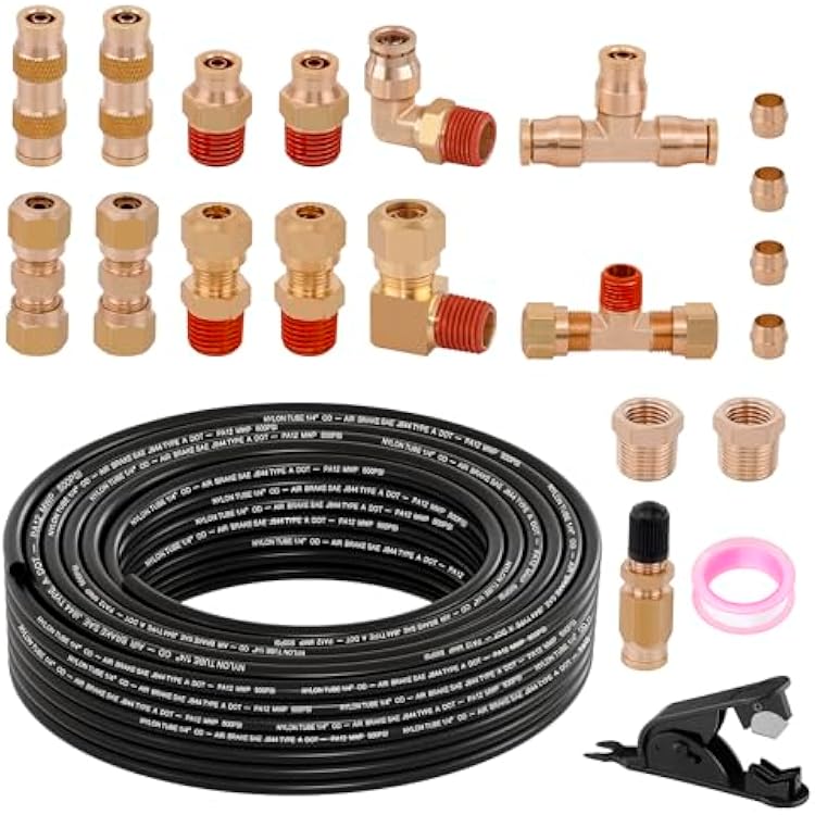 22pcs 50FT 14 DOT Air Line Brass Fittings Kit 14 OD Quick Push to Connect Fittings Compression Fittings 14 SAE J844 PA12 Nylon Air Hose Tubing for Industrial & Truck Air Brake System