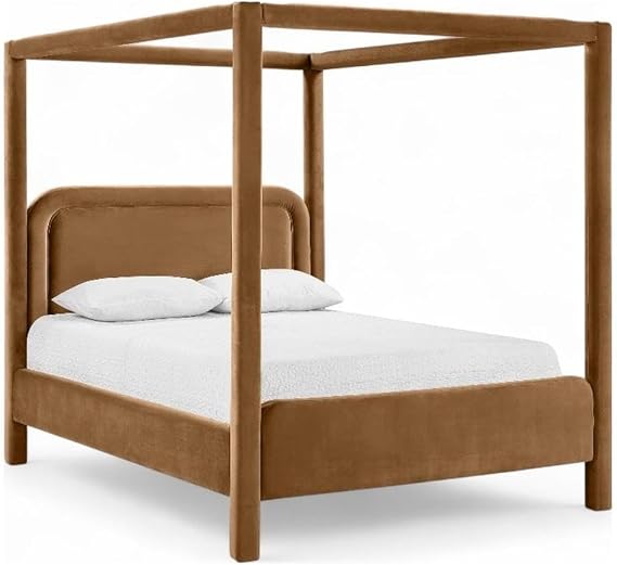 BOWERY HILL Contemporary Saddle Velvet Upholstered Queen Bed, 460 GSM Ultra Luxe Velvet, Canopy Design, Includes Headboard, Footboard, Rails, Slats, Durable 100% Polyester Fabric, Elegant Bedroom