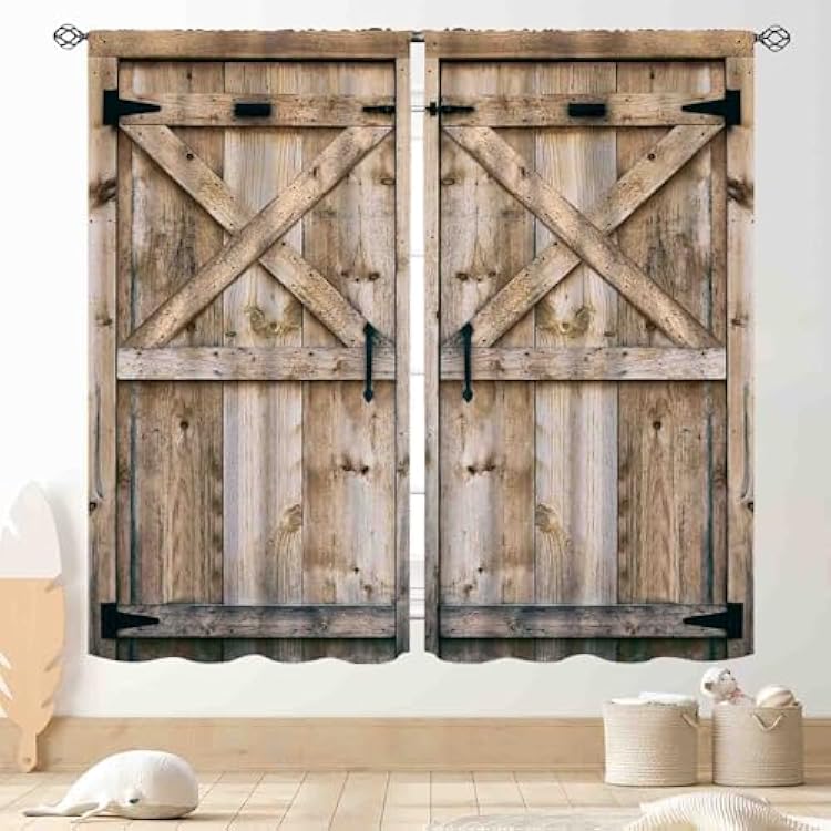 Rustic Wooden Curtains, Farmhouse Western Wood Barn Door Cabin Plank Board Barnwood Garage Gate Vintage Country Blackout Window Treatment Drapery for Bedroom Living Room Bathroom Kitchen, 42x45 Inch