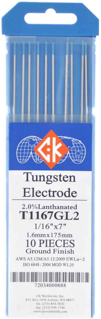 CK T1167GL2 2% Lanthanated Tungsten Electrode 1/16" X 7", 10 pack