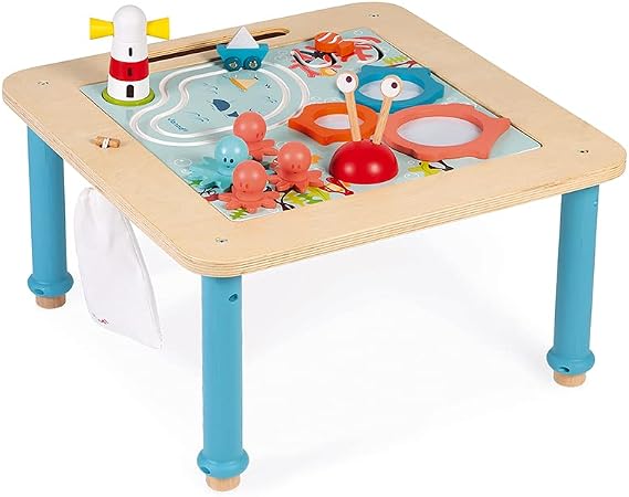 Janod - 14 Piece Wooden Progressive Activity Table - Engaging Baby with Interactive Play - Adjustable Height Legs - Grows with Your Child - Magnetic Drawing Surface - French Design Quality