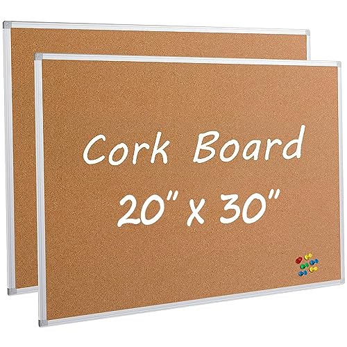 Board2by 2-Pack Cork Board Bulletin Board 20 x 30 Inches, Silver Aluminium Framed Corkboard, Office Board for Wall Cork, Large Wall Mounted Notice Pin Board with 32 Pins