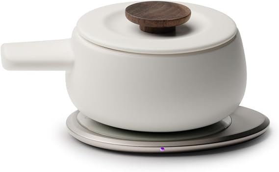 Fondi Self-Heating Ceramic Fondue Set Jasmine White | 7.6 fl oz / 225 mL Self-Heating Cheese & Chocolate Fondue with Heating Pad