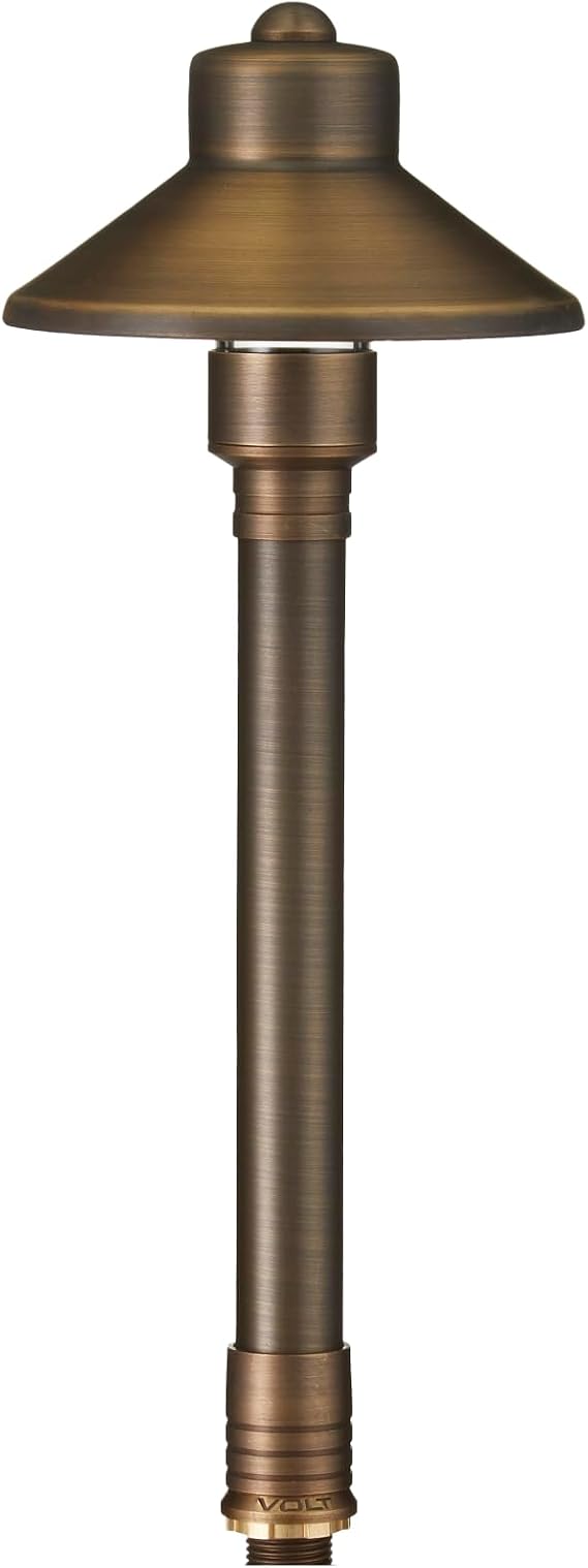 VOLT Flat Hat 12V Brass Mini Path Light (5" Shade, 15" Tall), Bronze