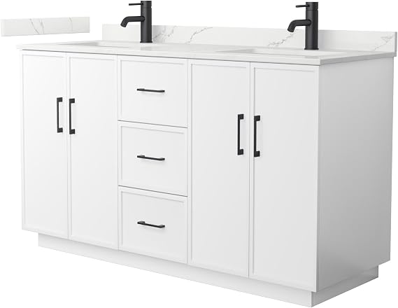 Wyndham Collection Elan 60 Inch Double Bathroom Vanity with Toe Kick in White, Giotto Quartz Countertop, Undermount Square Sinks (1-Hole), Matte Black Trim