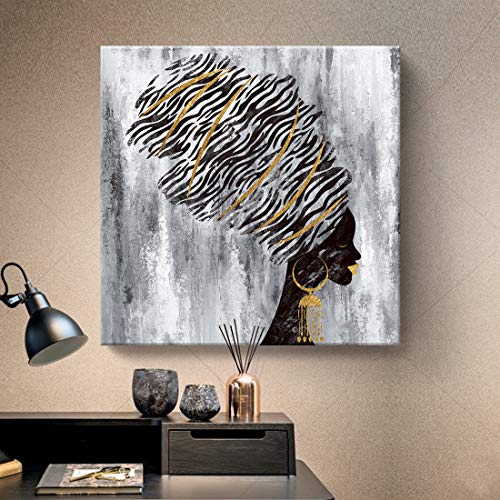 amatop Framed African American Wall Art Fashion Women Portrait Gold and Black Canvas Print for Living Room Bedroom