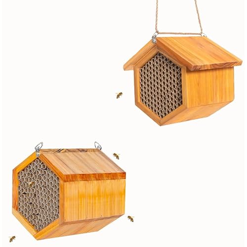 Mason Bee House Wax Coated Bee House, Bee Hotel for The Garden,Pollinator House Waterproof, Natural Handmade Wooden Mason Bee Hotel for Pollinating Bees Garden Supplies