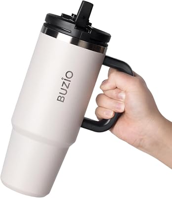 BUZIO 40 oz Tumbler with Handle and 2-in-1 Straw Lid, Insulated Leak Proof Double Walled Stainless Steel Coffee Travel Flask Mug - Keeps Cold Hot, Leak-Proof, Keep Cold Hot, White
