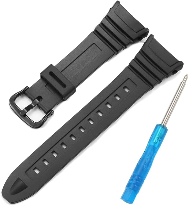 W96H Replacement Watch Band Compatible with Casio Men's W-96H W96H-1BV Sport Strap Metal buckle Black Resin Wirstband
