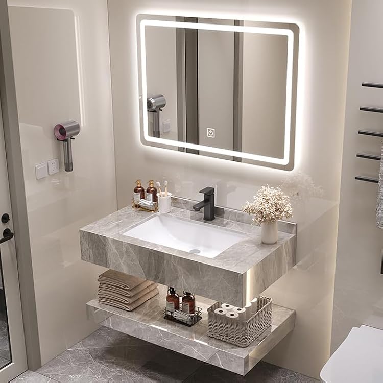 LITFAD Modern Stone Wall Mounted Bathroom Vanity with Ceramic Sink Gray Slate Ceramic Basin Bathroom Cabinet - 23.6 L x 19.7 W x 5.9 H Vanity & Faucet & Smart Mirror