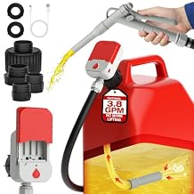 Portable Fuel Transfer Pump with Hand Nozzle for Quick Stop, 3.8 Gallon per Min, 51" Rubber Hose, Battery & USB Powered, 4 Can Adapters, Leak-proof Gas Pump for Gasoline, Diesel and Kerosene