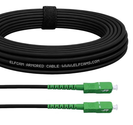Elfcam - 20m/65.6ft Armored Fiber Optic Cable for Outdoor and Indoor SCA to SCA Simplex Singlemode, Compatible with FTTH Cables, 20 Meters