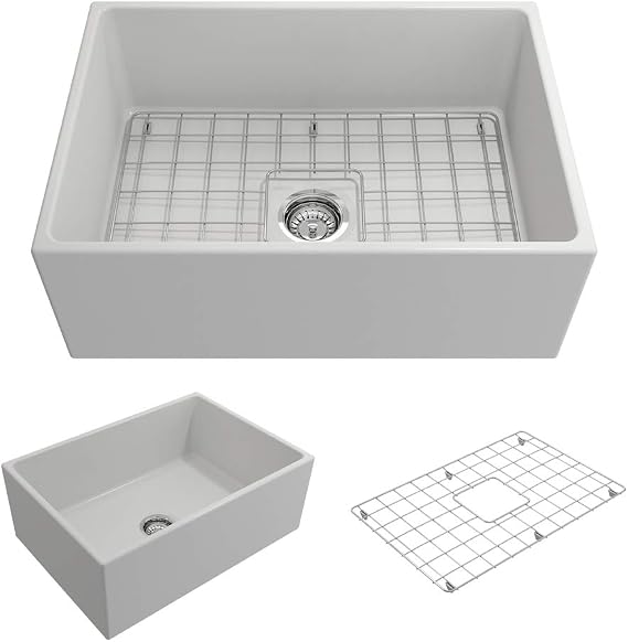 BOCCHI Contempo Farmhouse Apron Front Fireclay 27 in. Single Bowl Kitchen Sink with Protective Bottom Grid and Strainer in Matte White