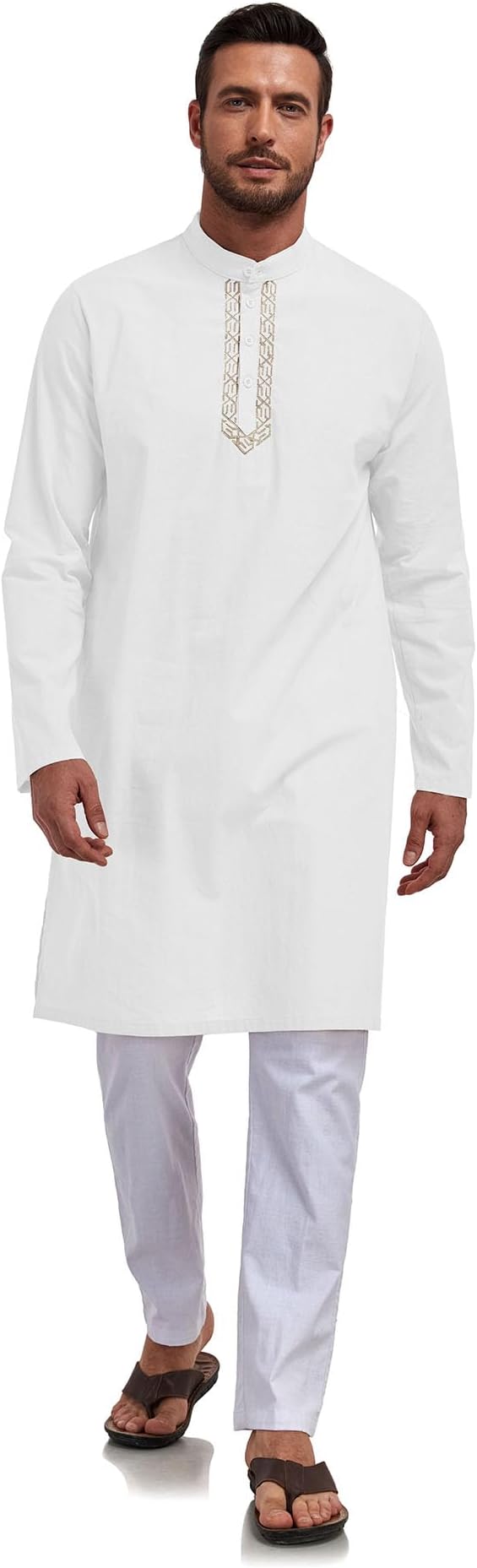 Jacansi Men's Robe Kaftan Button Down Kurta Thobe, White, XL | Long Sleeve, Cotton Linen, Muslim Caftan