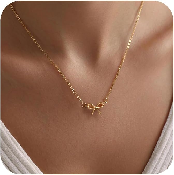 Yoosteel Bow Necklace for Women - Dainty 14K-Gold-Plated Necklace Bead Bow Pendant Cute Bow Pendant Choker Necklaces Chain Necklaces Trendy Jewelry Gift for Women