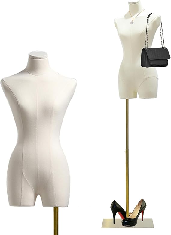 47"-83" Female Mannequin Dress Form Torso Full Body with Metal Stand (Gold) | Height Adjustable Display Mannequin Body Retro Manikin for Sewing Clothing Jewelry Market Shop Study Base Easy to Assemble
