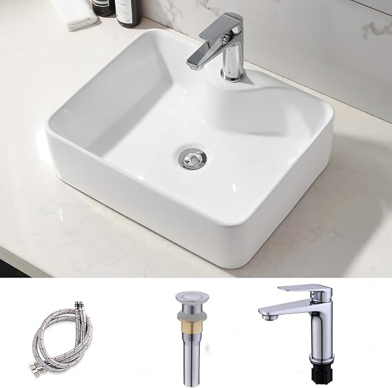 16x12 Inch White Bathroom Vessel Sink with Faucet Above Counter