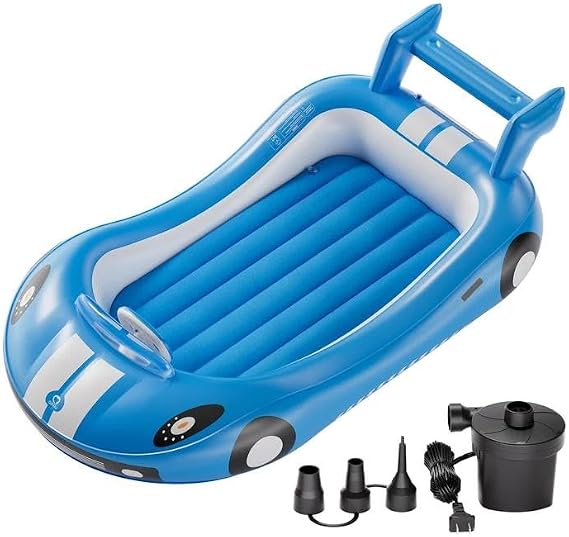 QPAU Inflatable Toddler Travel Bed with Fast Electric Pump, Racing Car | Portable Kids Air Mattress for Home, Family Visits, Camping and Travel and Hotel Stays, Blue
