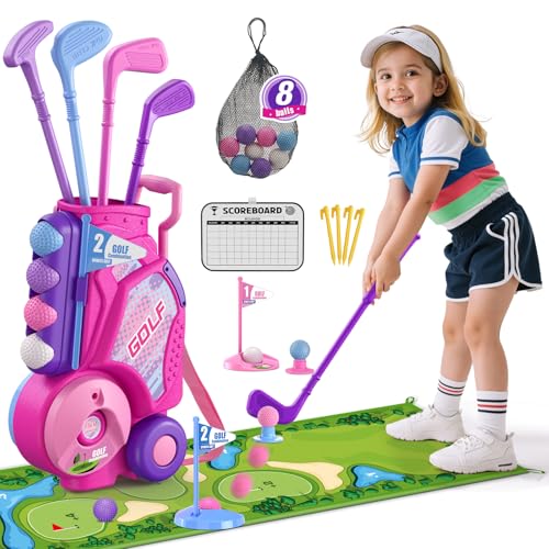 Toddler Golf Set 2-4 Years, Kids Golf Club with 8 Balls, 4 Plastic Clubs, Putting Mat, Scoreboard, Storage Bag, Indoor Outdoor Game with Golf Cart Sport Toy Gift for Baby Boys Girls Age 3-5, Pink