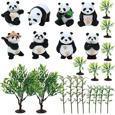 ONEST 24 Pieces Mini Panda Figurines Set Miniature Model Pandas Bamboo Pandas Cake Toppers Decoration Small Panda Figures Birthday Gift