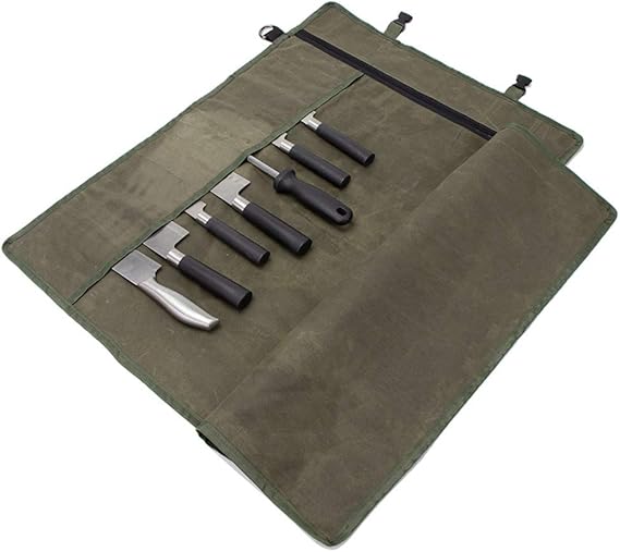 Chefs Knife Roll Bag,Waxed Canvas Knife Cultery Carrier, Portable Chef Knife Cases,Knife Pouch Holders With 10 Slots Plus 1 Zipper Pockets Can Hold Home Kitchen Knife Tools Up To 18.8