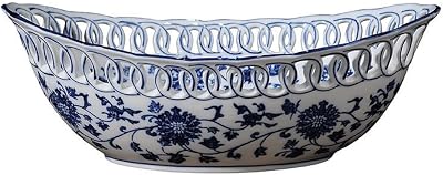 Blue and White Porcelain Fruit Bowl, Hand Painted Floral Retro Hollow Ceramic Fruit Tray Plate Dish, Colander, Chinoiserie Oval Decorative Candy Serving Basket for Housewarming Gift, Mothers Day