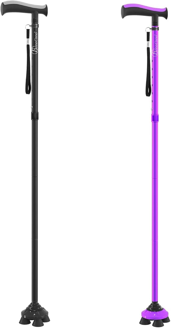 BeneCane Walking Cane for Men & Women Walking Stick for Seniors Folding Canes Quad Cane Adjustable Lightweight Sturdy Free Standing Collapsible Heavy Duty with Soft TPR T-Handle and Travel Bag