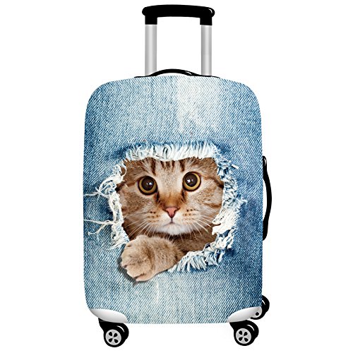 Denim 3D Cute cat Dog Styles Washable Print Luggage Cover Protector Suitcase Cover Carry On Cover with Zipper Fits 18-32 Inch Luggage for Holiday Travel and Great Gift Idea Cat Yellow, L