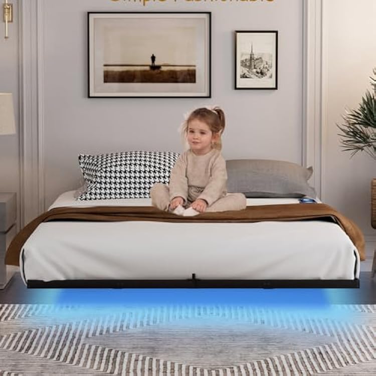 7.9 King Size Metal Floating Japanese Bed Frame,Equipped with LED Light Under The Bed and USB Port, Heavy Duty Metal Slats Support, No Box Spring NeededEasy to AssembleNoise-Free Black, King