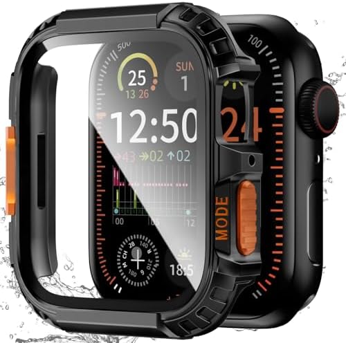 Rugged Waterproof Case for Apple Watch 46mm Series 11 10 with Tempered Glass Screen Protector, Durable Hard PC Bumper Protective Face Cover for iWatch 46 mm Black
