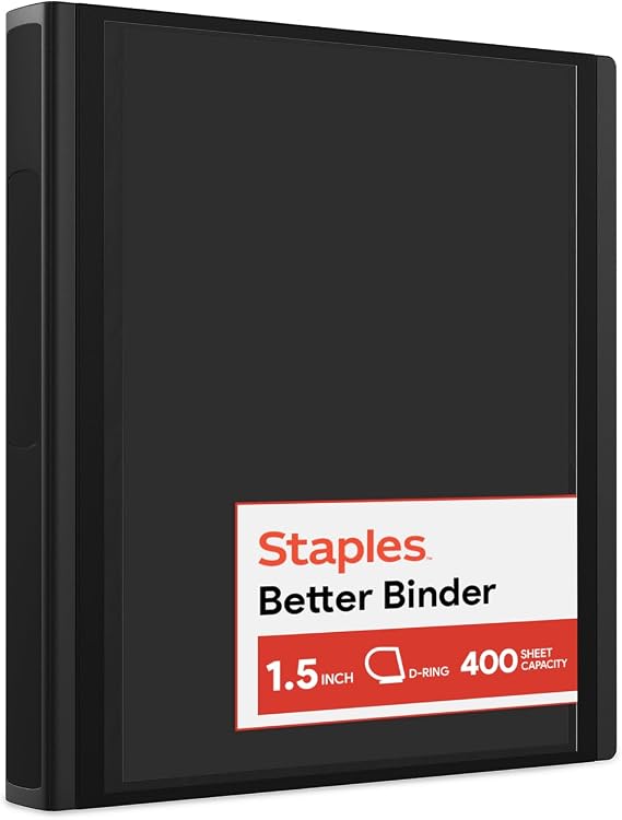 Staples Heavy-Duty 1.5-Inch D-Ring Binder, Black Large Capacity 3-Ring Binder, Holds Up to 400 Sheets for School & Office