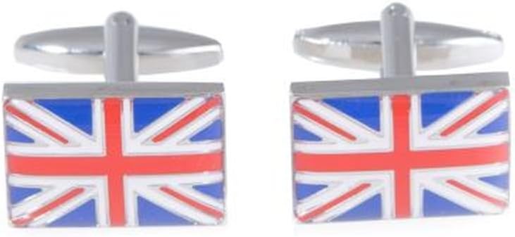 Bey-Berk Rhodium Plated Cufflinks with Union Jack Design, 0.5"L x 0.75"W, Pair