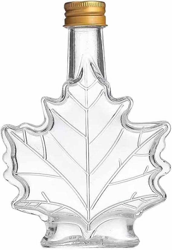 Glass Maple Syrup Bottles, Reusable Leaf Shaped, Food Grade Canning Bottles - Empty Glass Syrup Jars with Lids for Homemade Drinks (250ml)
