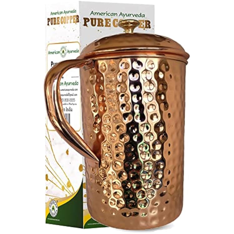 Half Gallon 2.2 L Capacity Extra Large Hammered 100% Pure Copper Pitcher | Jug | Pure Copper Lid with Brass Knob included by American Ayurveda CPR-HMD-12GAL-2.2L-JUG
